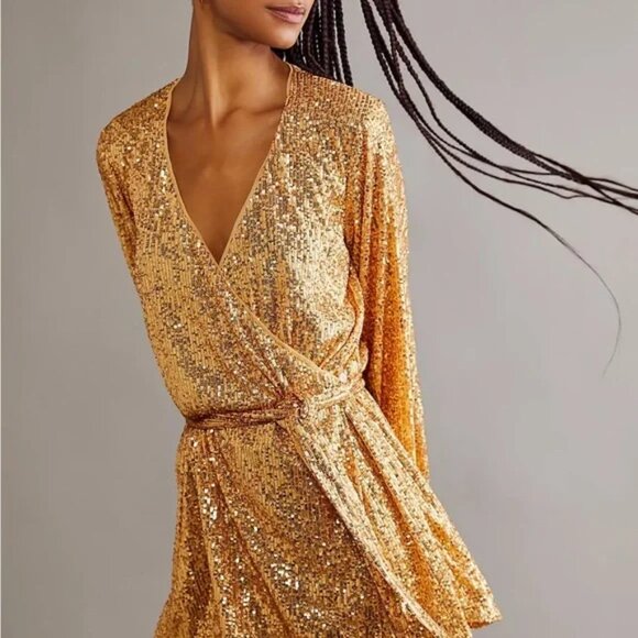 Free People Christa Sequin Long Sleeve Romper Gold Sparkle Size 4 - Picture 2 of 11